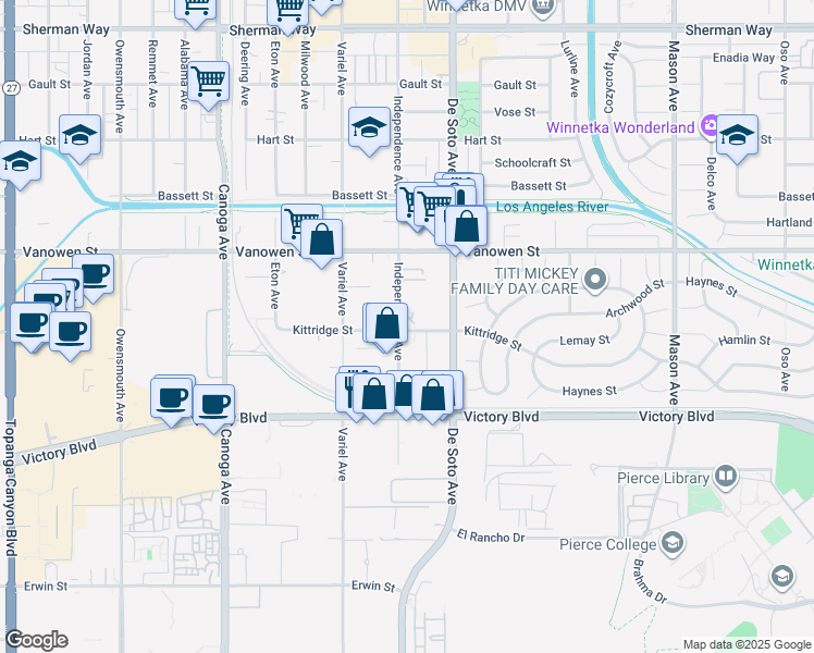 map of restaurants, bars, coffee shops, grocery stores, and more near 6630 Independence Avenue in Los Angeles