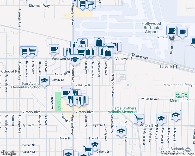 map of restaurants, bars, coffee shops, grocery stores, and more near 6633 Riverton Avenue in Los Angeles
