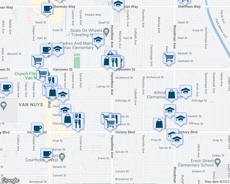 map of restaurants, bars, coffee shops, grocery stores, and more near 6620 Hazeltine Avenue in Van Nuys