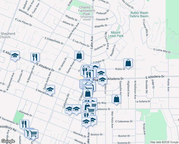 map of restaurants, bars, coffee shops, grocery stores, and more near 2649 Lake Avenue in Altadena