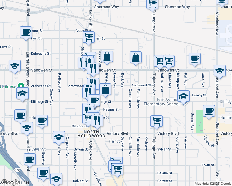 map of restaurants, bars, coffee shops, grocery stores, and more near 6624 Lemp Ave in North Hollywood