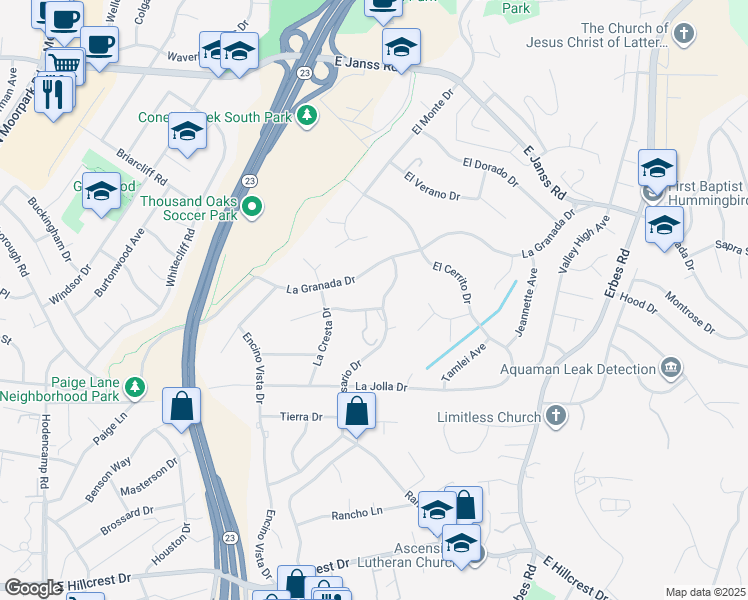 map of restaurants, bars, coffee shops, grocery stores, and more near 1381 La Peresa Drive in Thousand Oaks