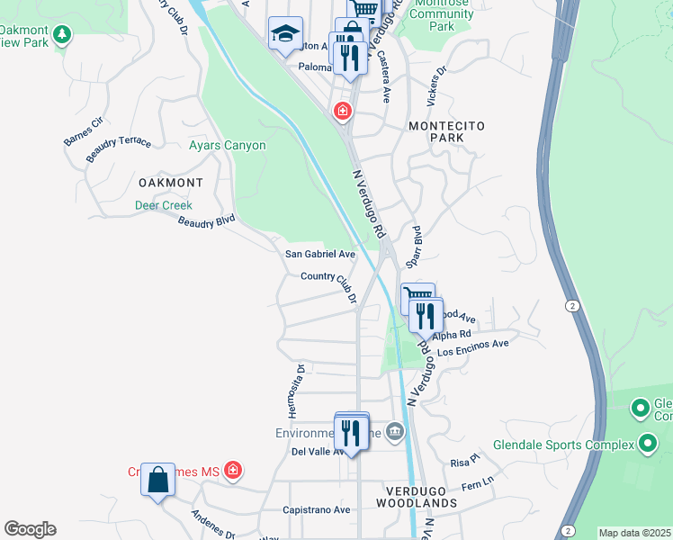 map of restaurants, bars, coffee shops, grocery stores, and more near 1653 Country Club Drive in Glendale