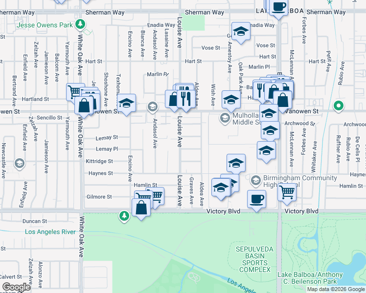 map of restaurants, bars, coffee shops, grocery stores, and more near 17257 Lemay Street in Los Angeles