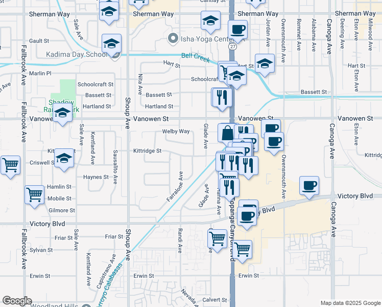 map of restaurants, bars, coffee shops, grocery stores, and more near 22135 Kittridge Street in Los Angeles