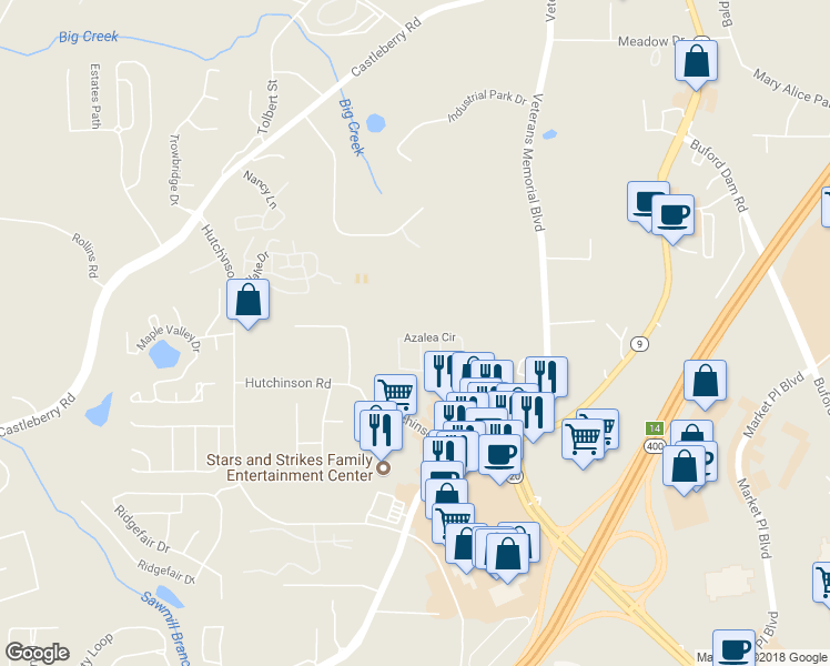 map of restaurants, bars, coffee shops, grocery stores, and more near 272 Azalea Circle in Cumming