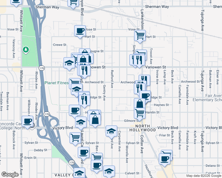 map of restaurants, bars, coffee shops, grocery stores, and more near 6637 Radford Avenue in Los Angeles