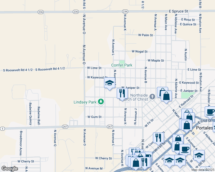 map of restaurants, bars, coffee shops, grocery stores, and more near 1318 West Juniper Street in Portales
