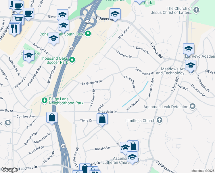 map of restaurants, bars, coffee shops, grocery stores, and more near 1381 La Peresa Drive in Thousand Oaks
