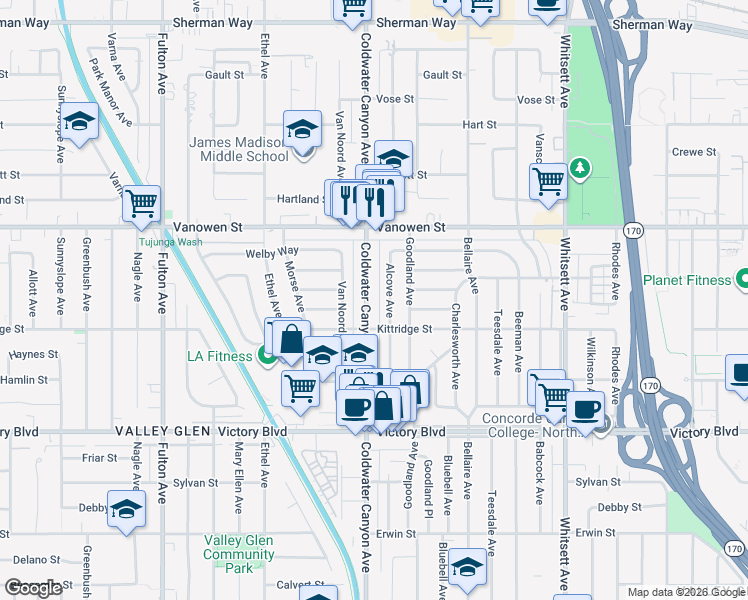 map of restaurants, bars, coffee shops, grocery stores, and more near 6632 Coldwater Canyon Avenue in Los Angeles