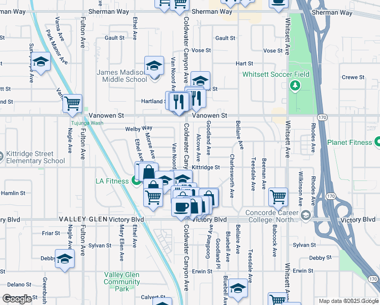 map of restaurants, bars, coffee shops, grocery stores, and more near 6632 Coldwater Canyon Avenue in Los Angeles