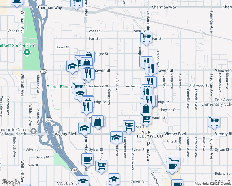 map of restaurants, bars, coffee shops, grocery stores, and more near 6637 Radford Avenue in Los Angeles