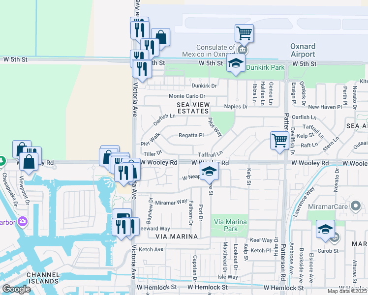 map of restaurants, bars, coffee shops, grocery stores, and more near 3530 Schooner Walk in Oxnard