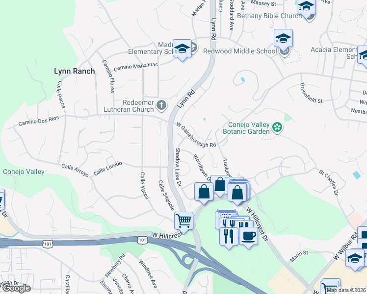 map of restaurants, bars, coffee shops, grocery stores, and more near 972 Woodlawn Drive in Thousand Oaks
