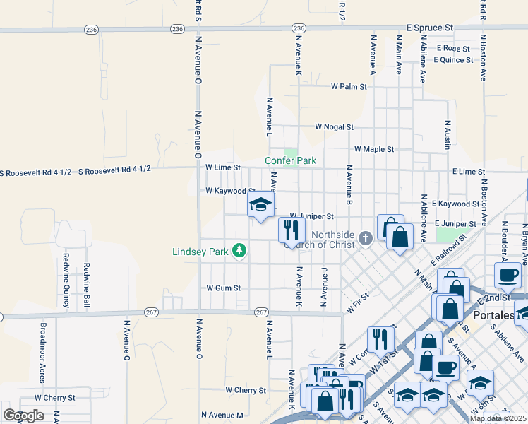 map of restaurants, bars, coffee shops, grocery stores, and more near 1318 West Juniper Street in Portales