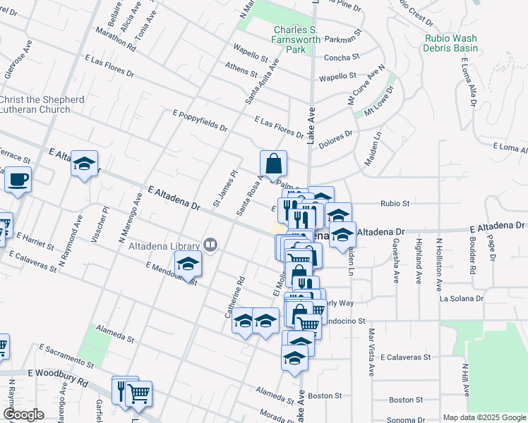 map of restaurants, bars, coffee shops, grocery stores, and more near 670 East Pine Street in Altadena