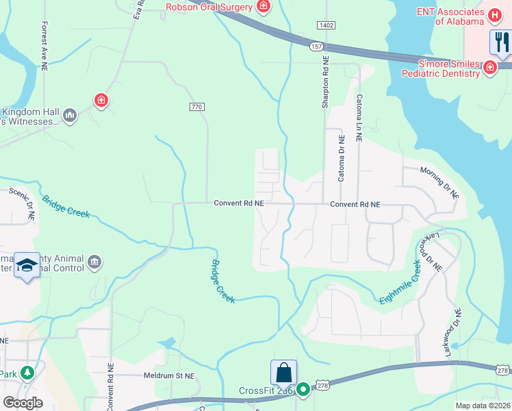 map of restaurants, bars, coffee shops, grocery stores, and more near 1409 Wishing Well Drive Northeast in Cullman