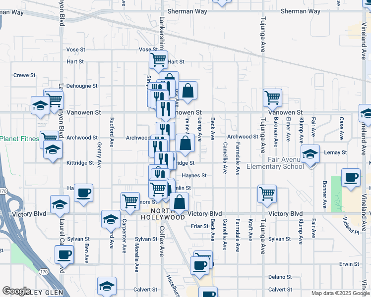 map of restaurants, bars, coffee shops, grocery stores, and more near 6635 Irvine Avenue in Los Angeles