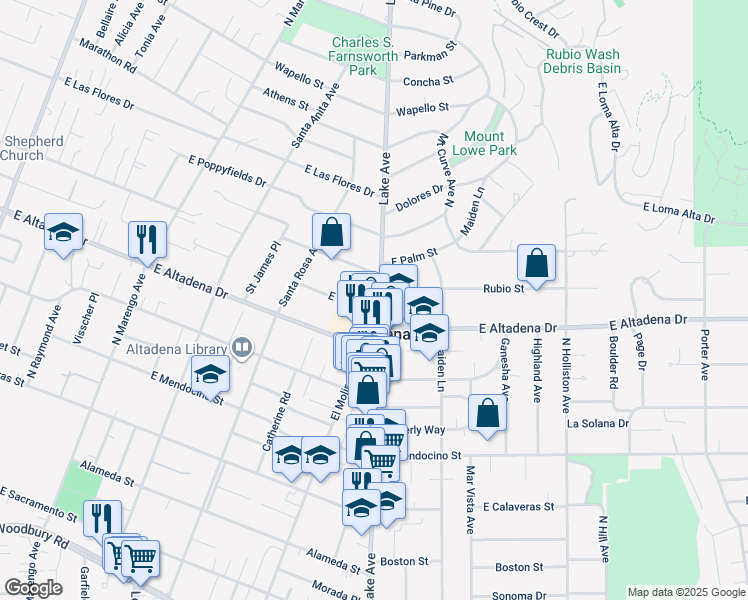 map of restaurants, bars, coffee shops, grocery stores, and more near 2649 Lake Avenue in Altadena