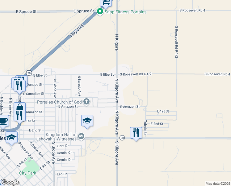 map of restaurants, bars, coffee shops, grocery stores, and more near 1629 East Brazos Street in Portales