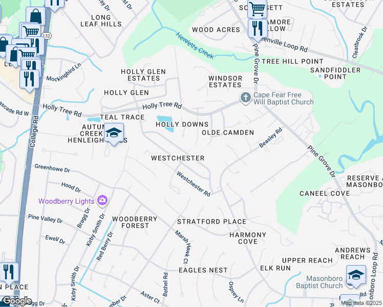 map of restaurants, bars, coffee shops, grocery stores, and more near 250 Lancaster Road in Wilmington