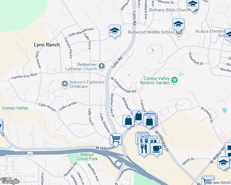map of restaurants, bars, coffee shops, grocery stores, and more near 985 Woodlawn Drive in Thousand Oaks