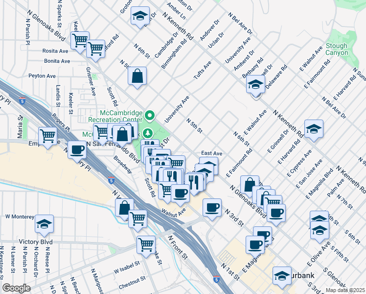 map of restaurants, bars, coffee shops, grocery stores, and more near 376 Bethany Road in Burbank