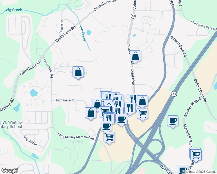 map of restaurants, bars, coffee shops, grocery stores, and more near 240 Azalea Circle in Cumming