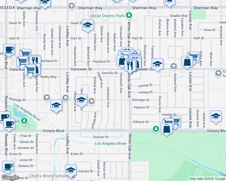 map of restaurants, bars, coffee shops, grocery stores, and more near 6625 Balcom Avenue in Los Angeles