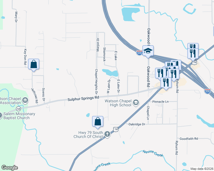 map of restaurants, bars, coffee shops, grocery stores, and more near 3800 West Lake Drive in Pine Bluff