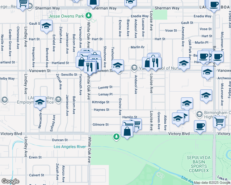map of restaurants, bars, coffee shops, grocery stores, and more near 17517 Lemay Place in Los Angeles