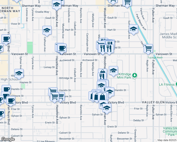 map of restaurants, bars, coffee shops, grocery stores, and more near 6634 Cantaloupe Avenue in Los Angeles