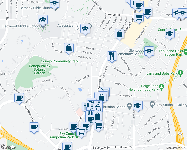 map of restaurants, bars, coffee shops, grocery stores, and more near 27 Mayflower Street in Thousand Oaks
