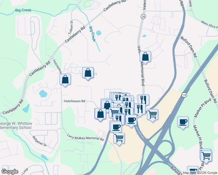 map of restaurants, bars, coffee shops, grocery stores, and more near 421 Jasmine Court in Cumming