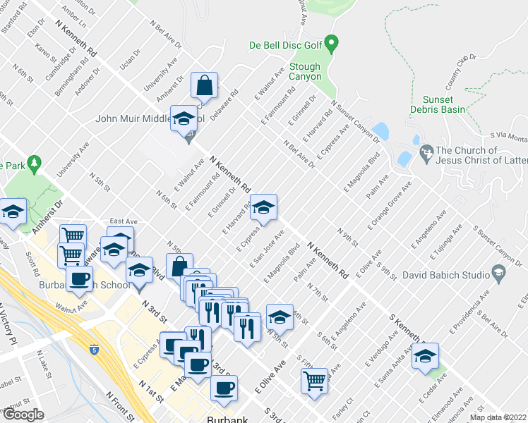 map of restaurants, bars, coffee shops, grocery stores, and more near 735 East Cypress Avenue in Burbank