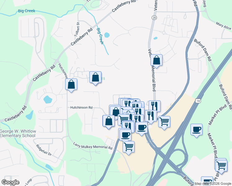 map of restaurants, bars, coffee shops, grocery stores, and more near 278 Azalea Circle in Cumming