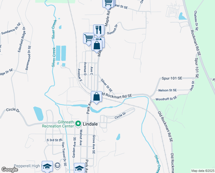 map of restaurants, bars, coffee shops, grocery stores, and more near Silver Street Southeast in Lindale