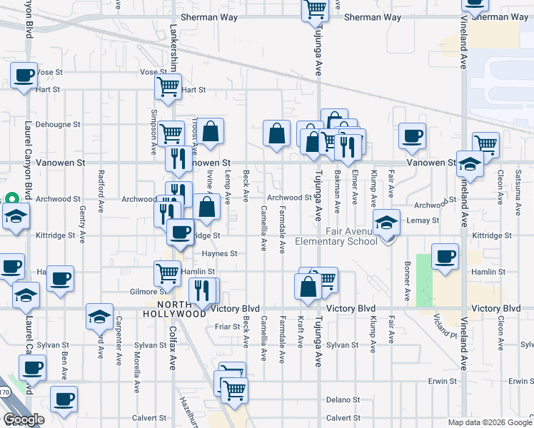 map of restaurants, bars, coffee shops, grocery stores, and more near 6619 Farmdale Avenue in Los Angeles