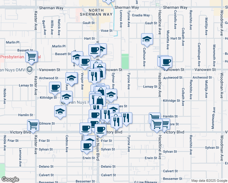 map of restaurants, bars, coffee shops, grocery stores, and more near 14351 Kittridge Street in Los Angeles