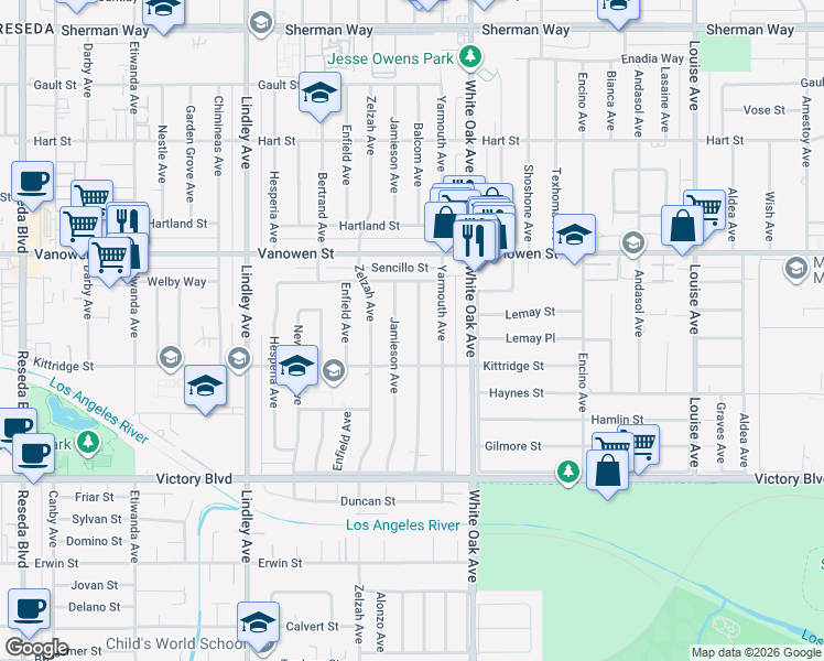 map of restaurants, bars, coffee shops, grocery stores, and more near 6625 Balcom Avenue in Los Angeles