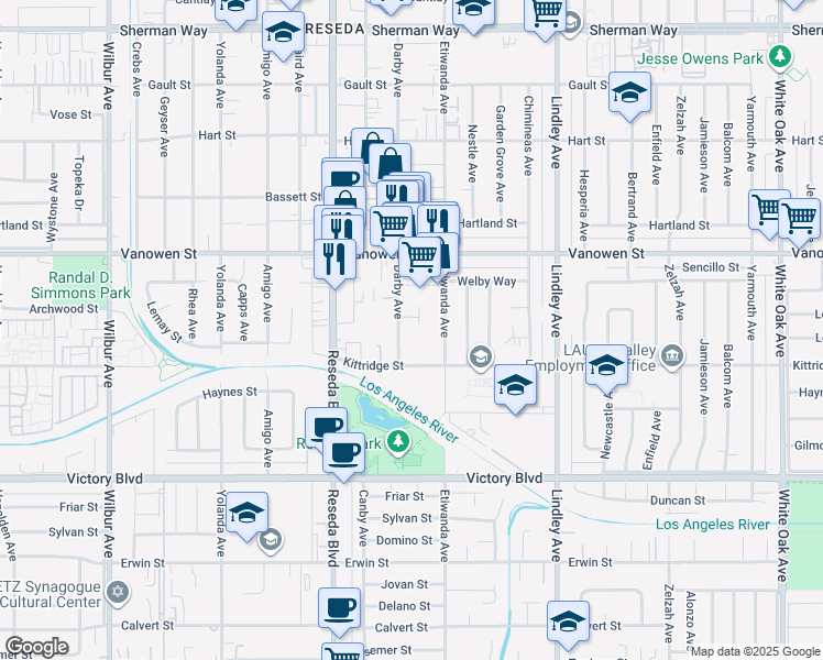 map of restaurants, bars, coffee shops, grocery stores, and more near 6620 Darby Avenue in Los Angeles