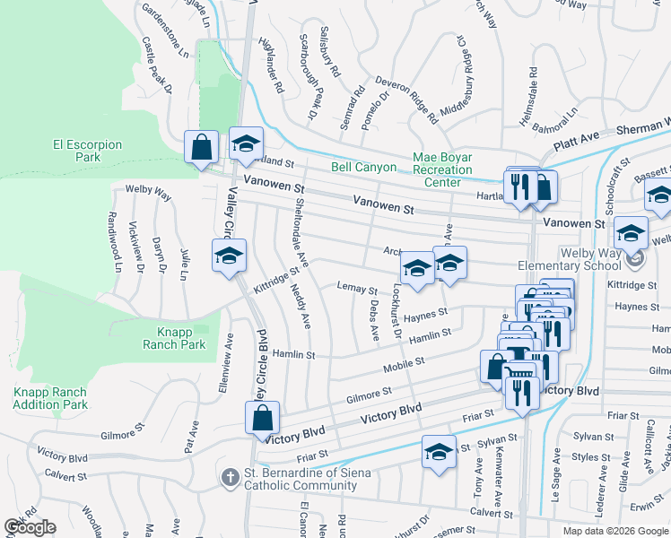 map of restaurants, bars, coffee shops, grocery stores, and more near 24136 Kittridge Street in Los Angeles