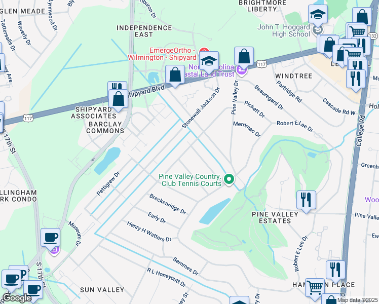 map of restaurants, bars, coffee shops, grocery stores, and more near 300 Pemberton Drive in Wilmington