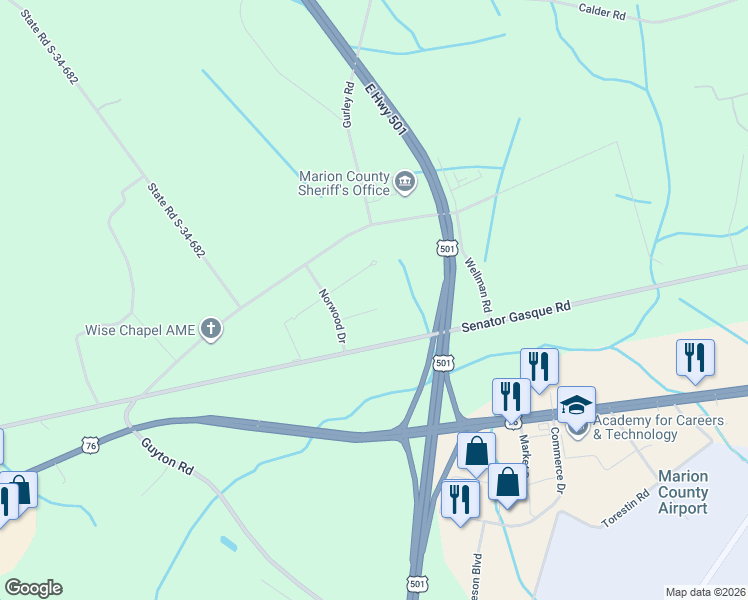 map of restaurants, bars, coffee shops, grocery stores, and more near 2210 Senator Gasque Road in Marion