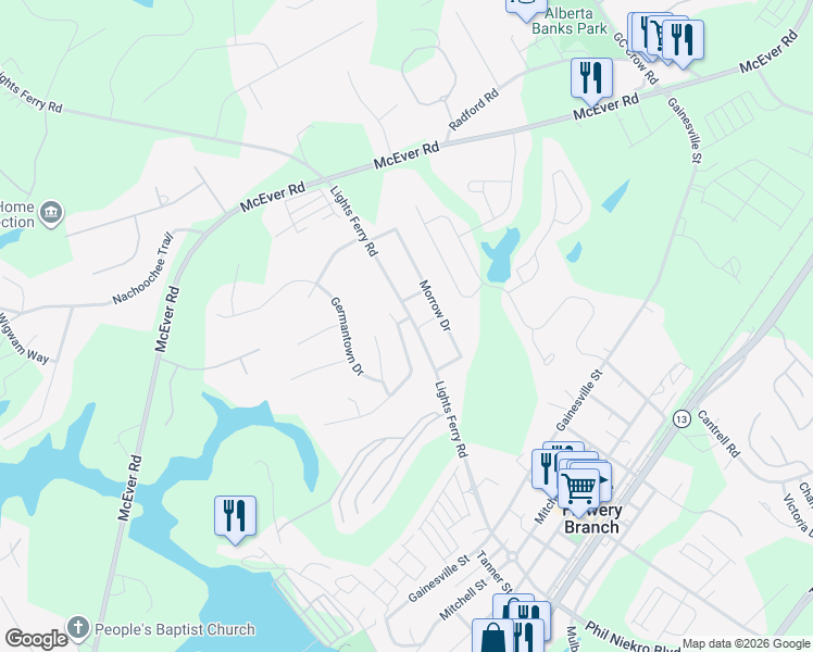 map of restaurants, bars, coffee shops, grocery stores, and more near 7015 Valley Forge Drive in Flowery Branch