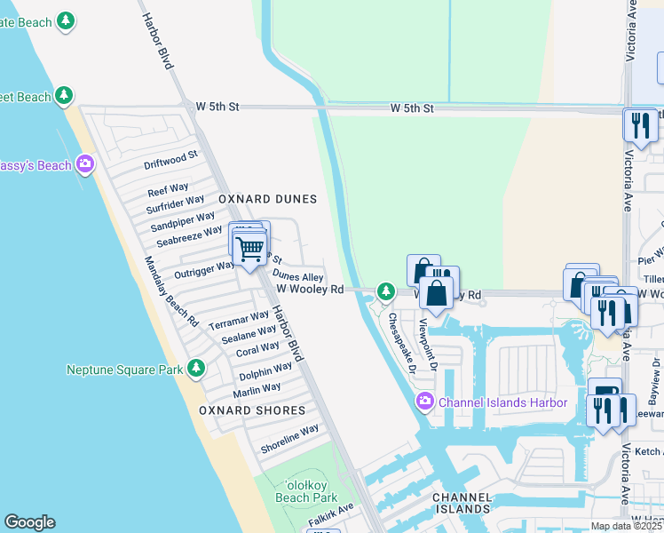 map of restaurants, bars, coffee shops, grocery stores, and more near 1030 Canal Street in Oxnard