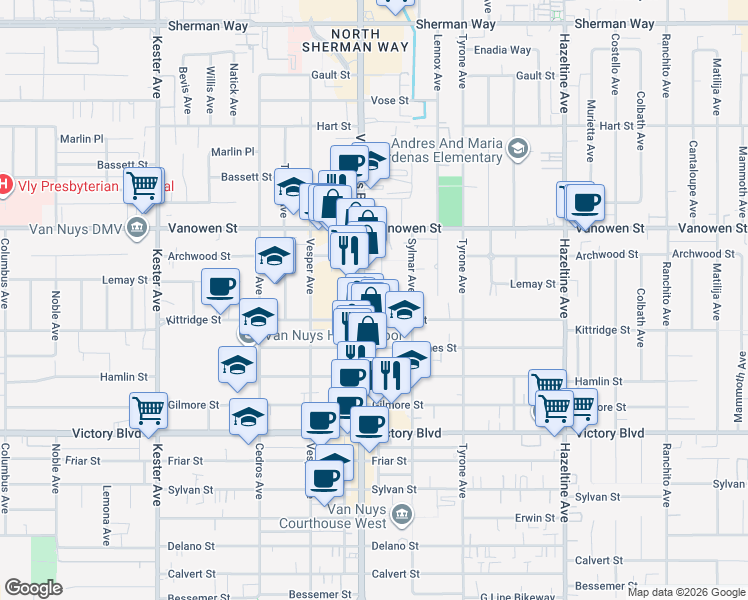 map of restaurants, bars, coffee shops, grocery stores, and more near 6624 Van Nuys Boulevard in Los Angeles