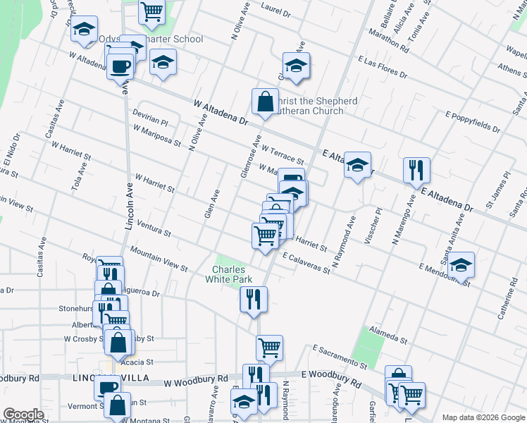 map of restaurants, bars, coffee shops, grocery stores, and more near 70 West Mendocino Street in Altadena