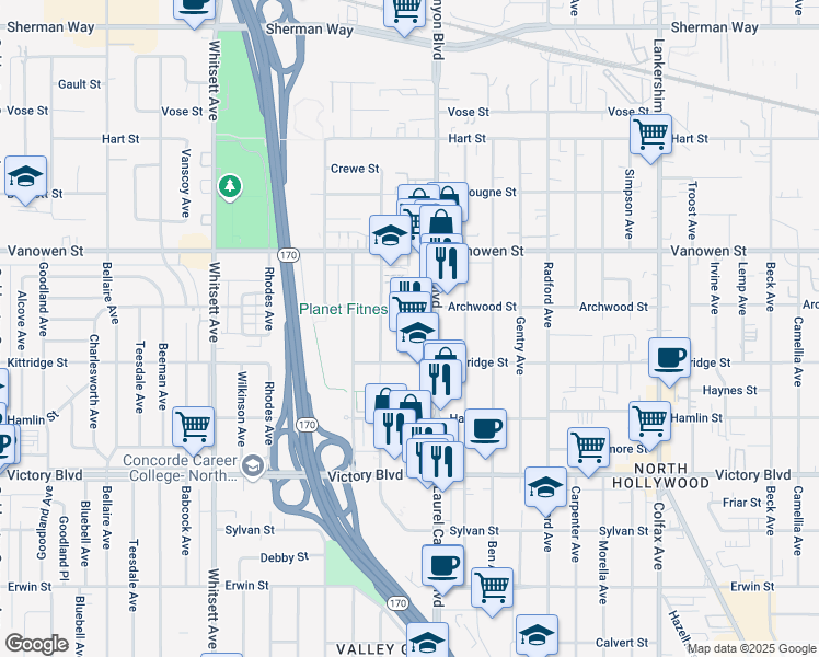 map of restaurants, bars, coffee shops, grocery stores, and more near 6618 Bellingham Avenue in Los Angeles