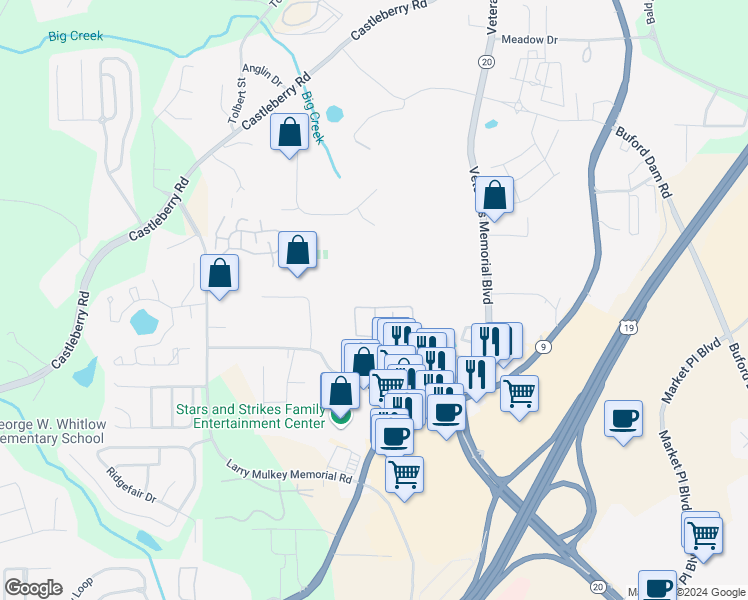 map of restaurants, bars, coffee shops, grocery stores, and more near 268 Azalea Circle in Cumming